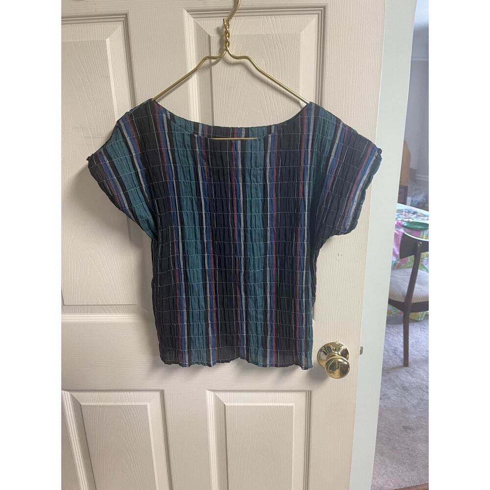 70s Accordion Top Medium Plaid Western Cowgirl Cotton Poly Grunge Crop Ribbed